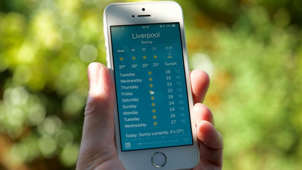 A smartphone with the weather app open